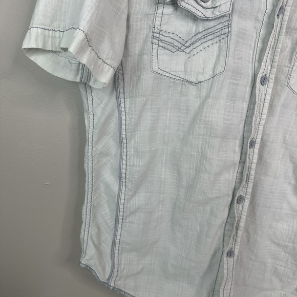 Rustic Blue Shirt Mens L White Button Up Embroidered Cotton Linen - Picture 10 of 11